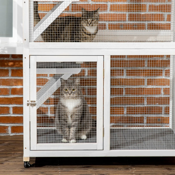 English Elm Pawhut Wooden Catio Outdoor Cat Enclosure with Wheels Weatherproof Asphalt Roof W2225P173768