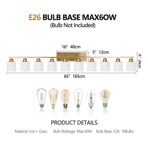 English Elm 65inch Gold Bathroom Light Fixtures Modern Vanity Mirror Light 10-Bulb E26 Milky Glass Wall Sconce Design W2312P374860