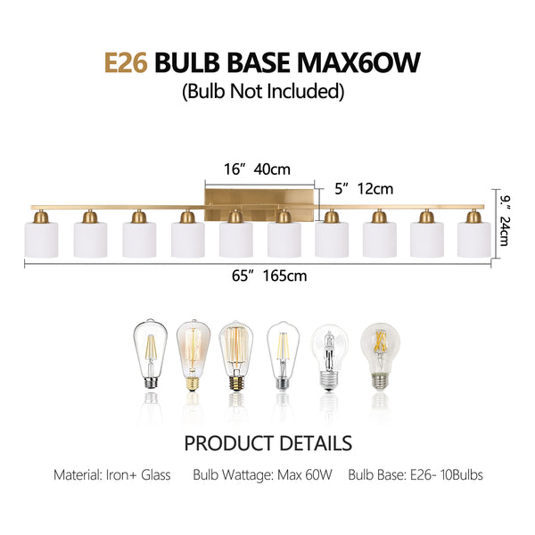 English Elm 65inch Gold Bathroom Light Fixtures Modern Vanity Mirror Light 10-Bulb E26 Milky Glass Wall Sconce Design W2312P374860