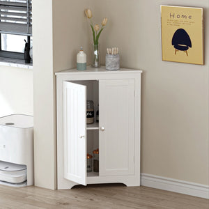English Elm Floor Corner Cabinet with Beadboard Doors & Adjustable Shelf, Narrow Freestanding White Storage for Bath, Kitchen, Living Room, Bedroom W808P175911