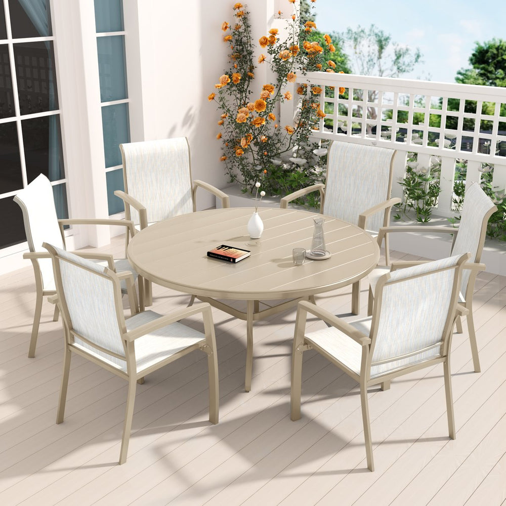 English Elm 7-Piece Patio Dining Set - Stylish Metal Round Table & 6 Stackable Chairs For Outdoor Comfort W213S00052