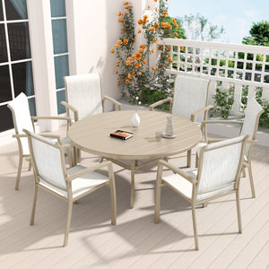 English Elm 7-Piece Patio Dining Set - Stylish Metal Round Table & 6 Stackable Chairs For Outdoor Comfort W213S00052