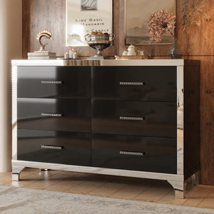 English Elm Elegant High Gloss Dresser with Metal Handles and Mirrored Panels, 6-Drawer Space-Saving Storage Solution Black 55.71 L x 19.29 W x 10.63 H N733P205355B