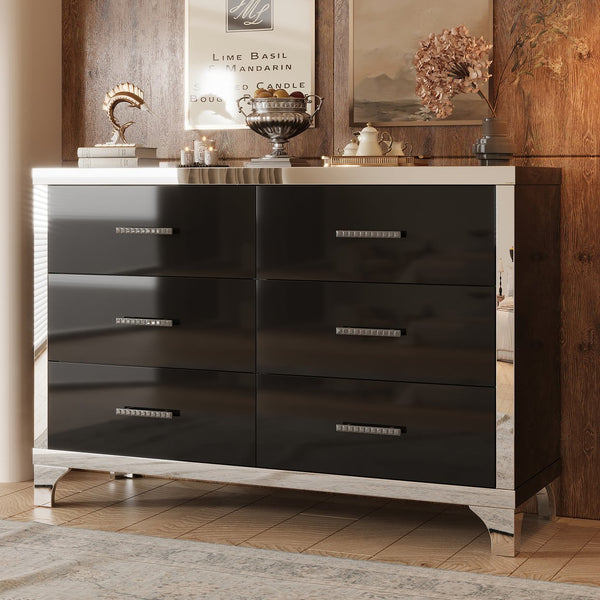 English Elm Elegant High Gloss Dresser with Metal Handles and Mirrored Panels, 6-Drawer Space-Saving Storage Solution Black 55.71 L x 19.29 W x 10.63 H N733P205355B