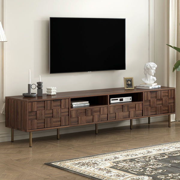 English Elm Mid retro TV Stand for TVs up to 85" — Medieval-inspired media console with 2 drawers, 4 cabinets, cable management Dark Brown N710P193724Q