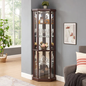 English Elm Corner Lighted Curio Cabinet with Mirrored Back Glass Shelves Classical Living Room Display Cherry W2275P194425