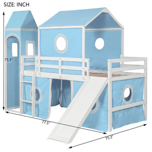 English Elm Twin Castle Loft Bed with Slide Tent and Tower Pinewood Playhouse Frame for Kids N708P249475C