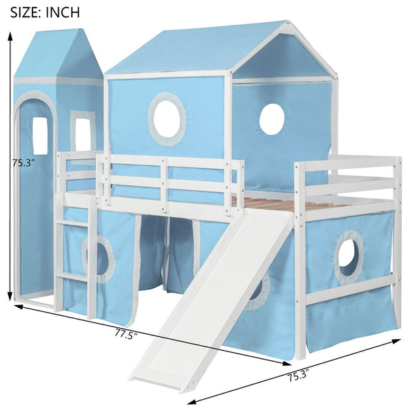 English Elm Twin Castle Loft Bed with Slide Tent and Tower Pinewood Playhouse Frame for Kids N708P249475C