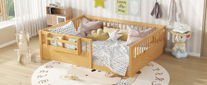 English Elm Queen Low Profile Kids Floor Bed with Guardrails Bookshelf and Pine Wood Frame Natural W1580P373143