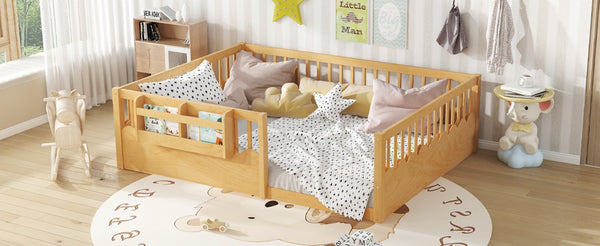 English Elm Queen Low Profile Kids Floor Bed with Guardrails Bookshelf and Pine Wood Frame Natural W1580P373143