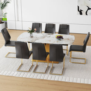 English Elm Table Set: Luxurious 71" Pandora Glass Dining Table With Golden Legs & 8 Stylish Black Pu Chairs W1151S03226-GIGA
