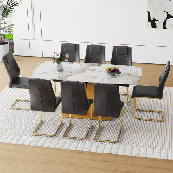 English Elm Table Set: Luxurious 71" Pandora Glass Dining Table With Golden Legs & 8 Stylish Black Pu Chairs W1151S03226-GIGA