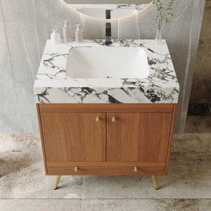 English Elm Mid-century Freestanding Bathroom Vanity Faux Marble Ceramic Sink Gold Legs Storage W3136S00067