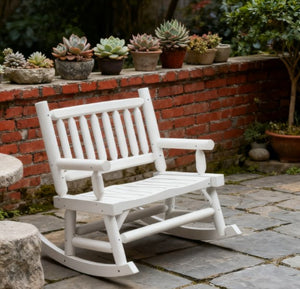 English Elm Heavy Duty Solid Fir Outdoor Loveseat Rocker with Log Style Frame for Porch Garden T3971P417951