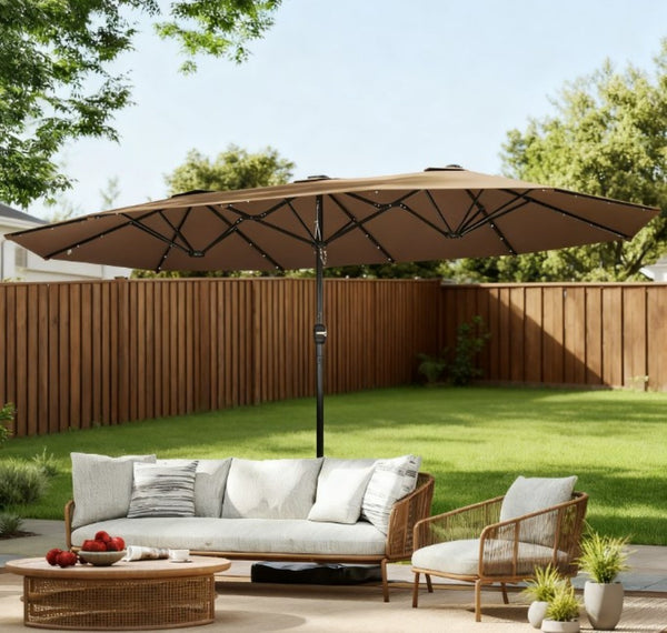 English Elm Double-sided Patio Umbrella with 36 Solar Led Lights Steel Frame Vented Canopy T3971P426126