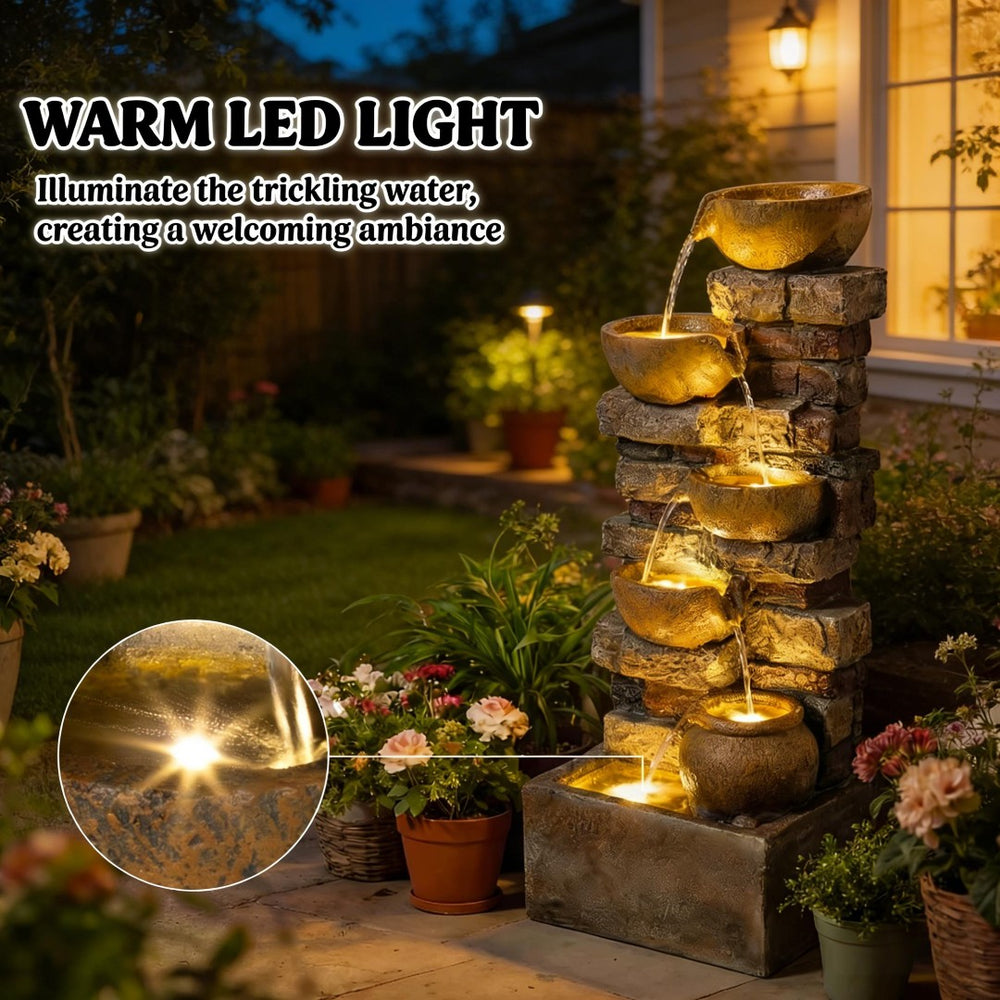English Elm Garden Five Tier Cascading Outdoor Fountain with Led Lights and Rustic Stone Finish T3971P476438