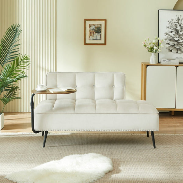 English Elm 54-inch Velvet Tufted Loveseat with Rotating Tray Table Nailhead Trim Compact Seating Beige W1359P438328