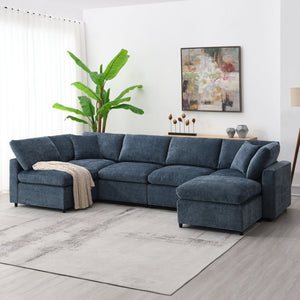 English Elm [new Sku] Chenille Modular Sectional Sleeper Sofa with Ottoman Six Seat U Shape Living Room Dark Blue N723S8583K