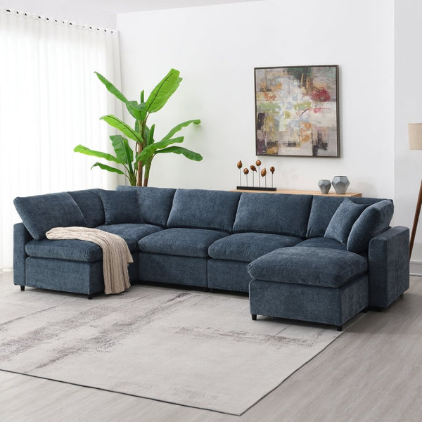 English Elm [video Modular Cloud Sectional Sofa Chenille Six Seat Sleeper with Ottoman for Living Room Dark Blue N723S9583K