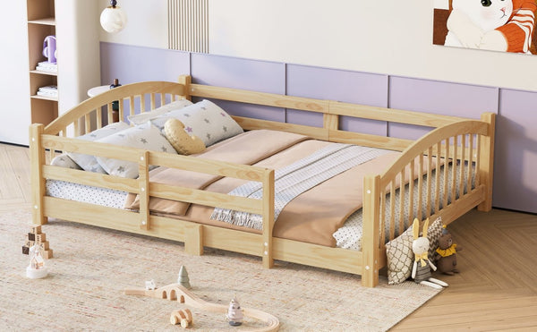 English Elm Full Montessori Pine Wood Floor Bed with Safety Rails Low Profile Kids Room Frame Natural N733P400299N