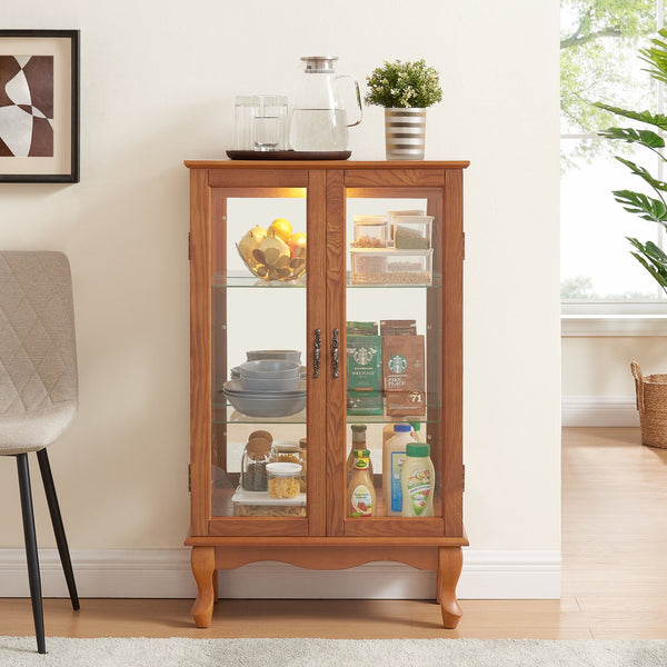 English Elm 2 Doors Curio Cabinet With Adjustable Shelves, Mirrored Back & Integrated Lighting - Elegant Oak Display W2275P177197