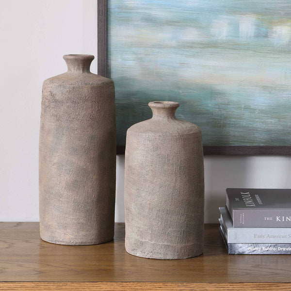Uttermost Terrene Handcrafted Clay Vase Set Earthy Stone Finish Sculptural Decor Pair