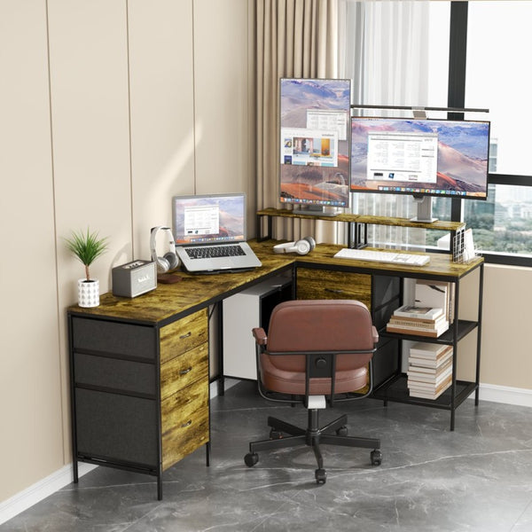 English Elm 114" L-shaped Industrial Gaming Desk with Power Hub 6 Drawers and Rustic Steel Frame T2398P438828