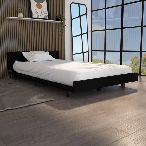 English Elm Kaia Twin Bed Base with Headboard in Smokey Oak — Built‑in Cabinet, 3 Drawers, 3-Tier Shelves & Handles Black 56 L x 20 W x 3 H B070S00214