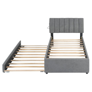 English Elm Teddy Twin Upholstered Platform Bed with Trundle, LED Smart Lighting, Plush Fleece, Sturdy Design Gray SF000055AAE