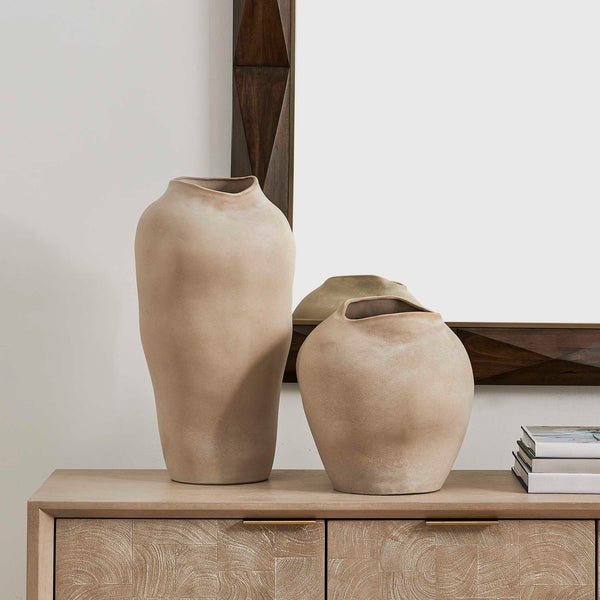 Uttermost Earthenware Sculptural Vase Set Artisan Buff Glaze Indoor Outdoor Decor