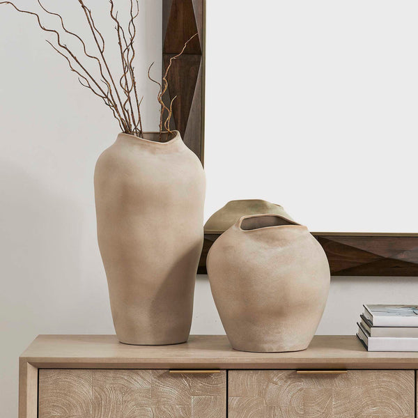 Uttermost Earthenware Sculptural Vase Set Artisan Buff Glaze Indoor Outdoor Decor