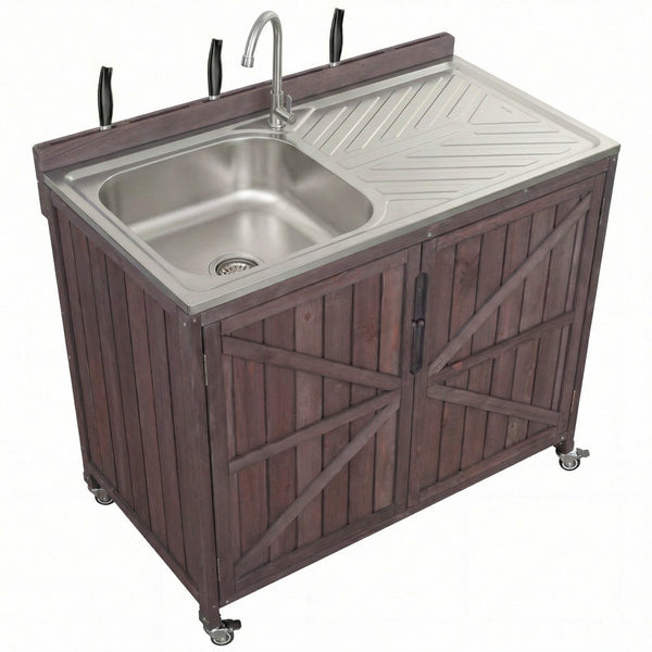 English Elm K&k Outdoor Prep Station Stainless Steel Top Fir Wood Cabinet with Drawer and Wheels N707P370281Z