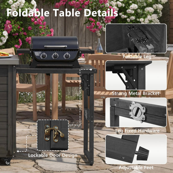 English Elm K&k Outdoor Rolling Kitchen Island Fir Wood Stainless Steel Top with Foldable Prep Station Black N707P370276B