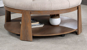 English Elm Transitional Round Coffee Table with Wire-Brushed Frame, Button-Tufted Padded Seat and Open Shelf, Rustic Finish Beige,Natural 44 L x 44 W x 9 H B2741P360141