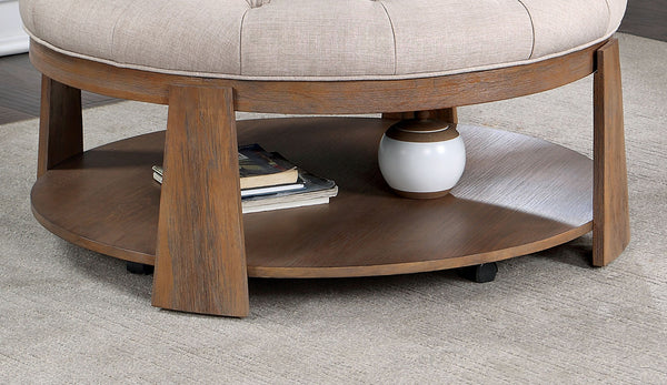 English Elm Transitional Round Coffee Table with Wire-Brushed Frame, Button-Tufted Padded Seat and Open Shelf, Rustic Finish Beige,Natural 44 L x 44 W x 9 H B2741P360141