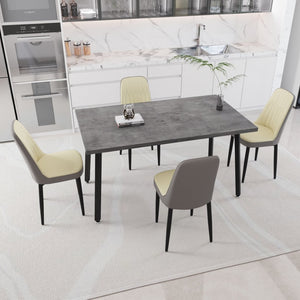 English Elm 55.12-70.87" Expandable Dining Table Set Seats 6 with Pu Upholstered Chairs Black Metal Legs Beige+Grey W2189S00914