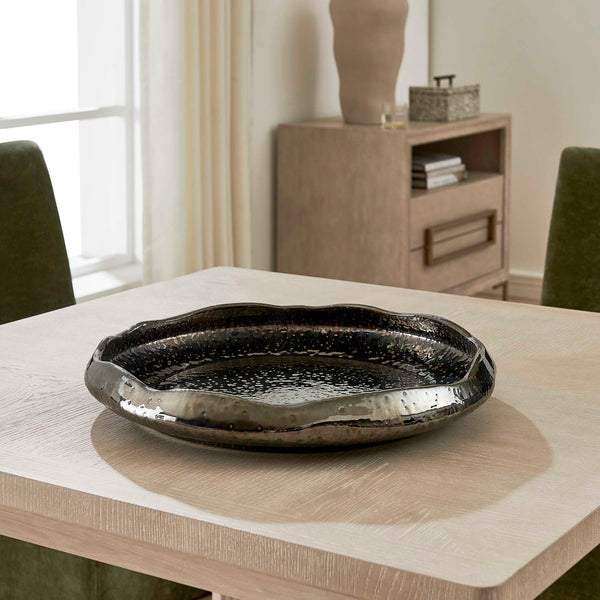 Uttermost Speckled Earthenware Coastal Ripple Bowl with Waved Rim for Indoor Outdoor Decor