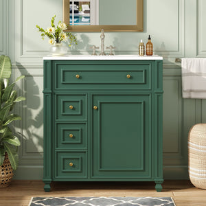 English Elm Bathroom Vanity with Sink French-Inspired 30" Ceramic Basin Vanity Cabinet with Soft-Close Doors & Drawer Organizer Green N710P286723F