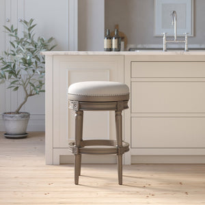 English Elm 31in. Swivel Barstool Faux Leather Seat Nailhead Trim Carved Walnut Frame Kitchen Bar Gray B2751P436439