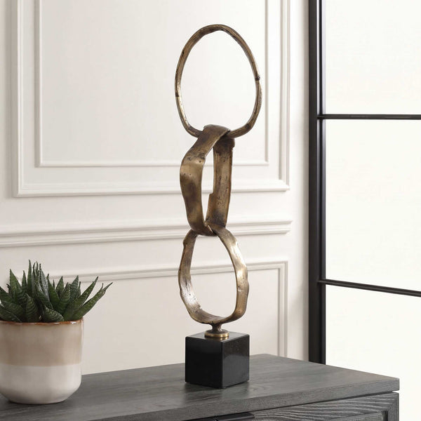 Uttermost Loopform Interlocking Ring Brass Patina Sculpture on Solid Marble Base