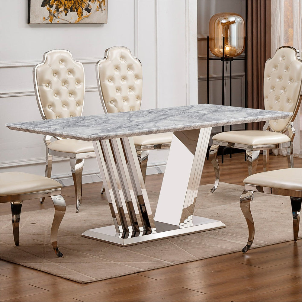 English Elm Marble Dining Table For 6 - 74.8'' Rectangular Faux Marble Top With Stylish Mirrored Base, Modern Elegance W3456S00047