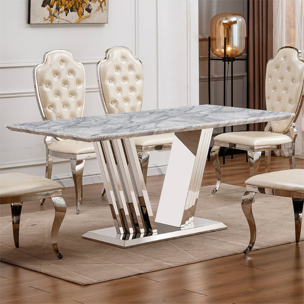 English Elm Marble Faux Top Rectangle Dining Table Seats Six Chrome Steel Base Modern Glam W3456S00058