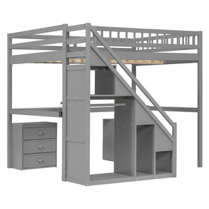 English Elm Full Size Loft Bed with Desk Drawers Led Strip and Staircase for Teen Rooms Gray LT000258AAE-1