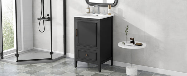 English Elm 20" Bathroom Vanity with Sink and Ceramic Top, Modern Freestanding Cabinet with Drawer & Shelf Storage, Adjustable Feet for Stability and 200lb Capacity Black N725P192821B
