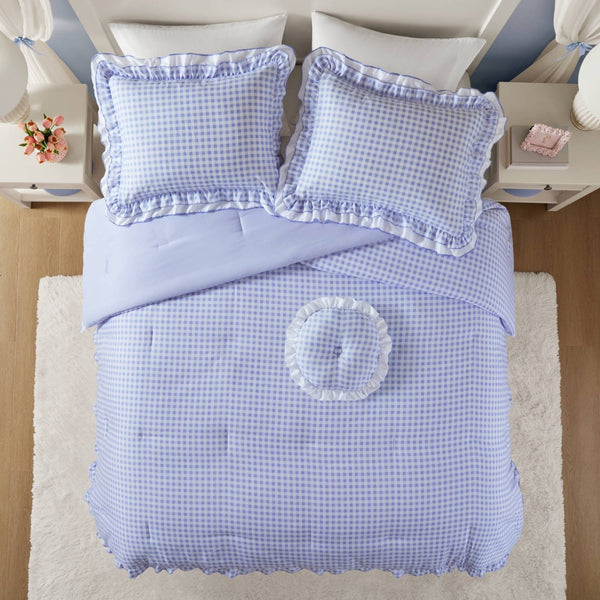 English Elm 4-piece Gingham Ruffle Comforter Set Romantic Cottage Bedroom Brushed Polyester Fill Blue B035P463186