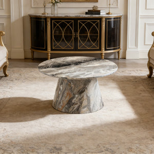 English Elm Grey Wood Grain Round Coffee Table Low Profile Mdf Living Room Accent Piece W2920P404129
