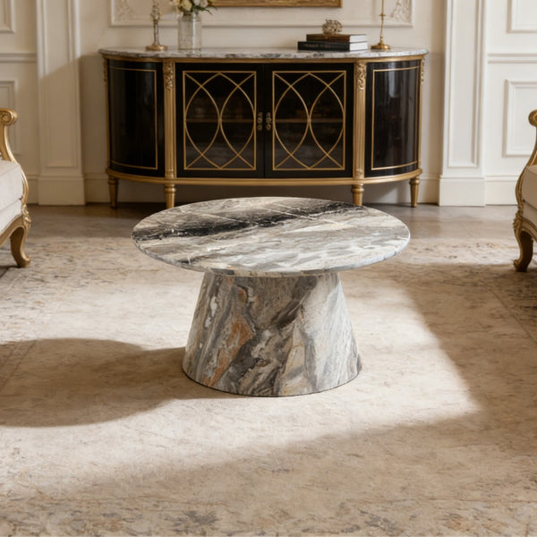 English Elm Grey Wood Grain Round Coffee Table Low Profile Mdf Living Room Accent Piece W2920P404129