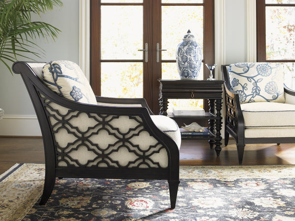 Lexington Tommy Bahama Home Tropic Lamp Table: Elegant Ribbon Stripe Mahogany Design With Beveled Glass Top & Wicker Shelves Kona  537-953