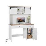 English Elm 52" Farmhouse Executive Desk With Drawers, Wood Home Office Desk W/Charging Station, File Drawer, Storage Cabinet, Rustic Computer Writing Desk (Antique White)