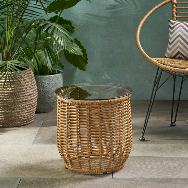 English Elm Christopher Knight Home® - ARIAS RATTAN SIDE TABLE with Tempered Glass Top, Boho Drum Design, Durable Woven Polyethylene Finish Light Brown 65764.00LBRN
